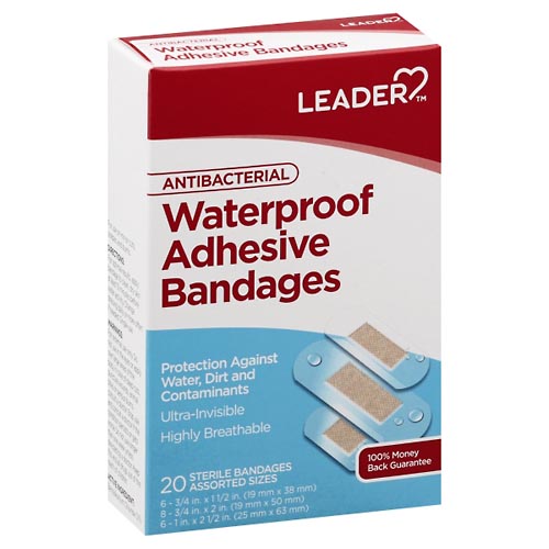 Image for Leader Adhesive Bandages, Antibacterial, Waterproof, Assorted Sizes,20ea from West Concord pharmacy