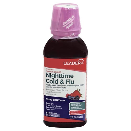 Image for Leader Cold & Flu, Nighttime, Maximum Strength, Mixed Berry Flavor,12oz from West Concord pharmacy