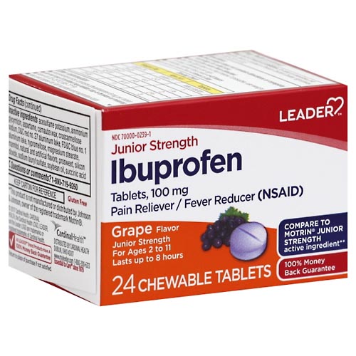 Image for Leader Ibuprofen, Junior Strength, 100 mg, Grape Flavor, Tablets,24ea from West Concord pharmacy